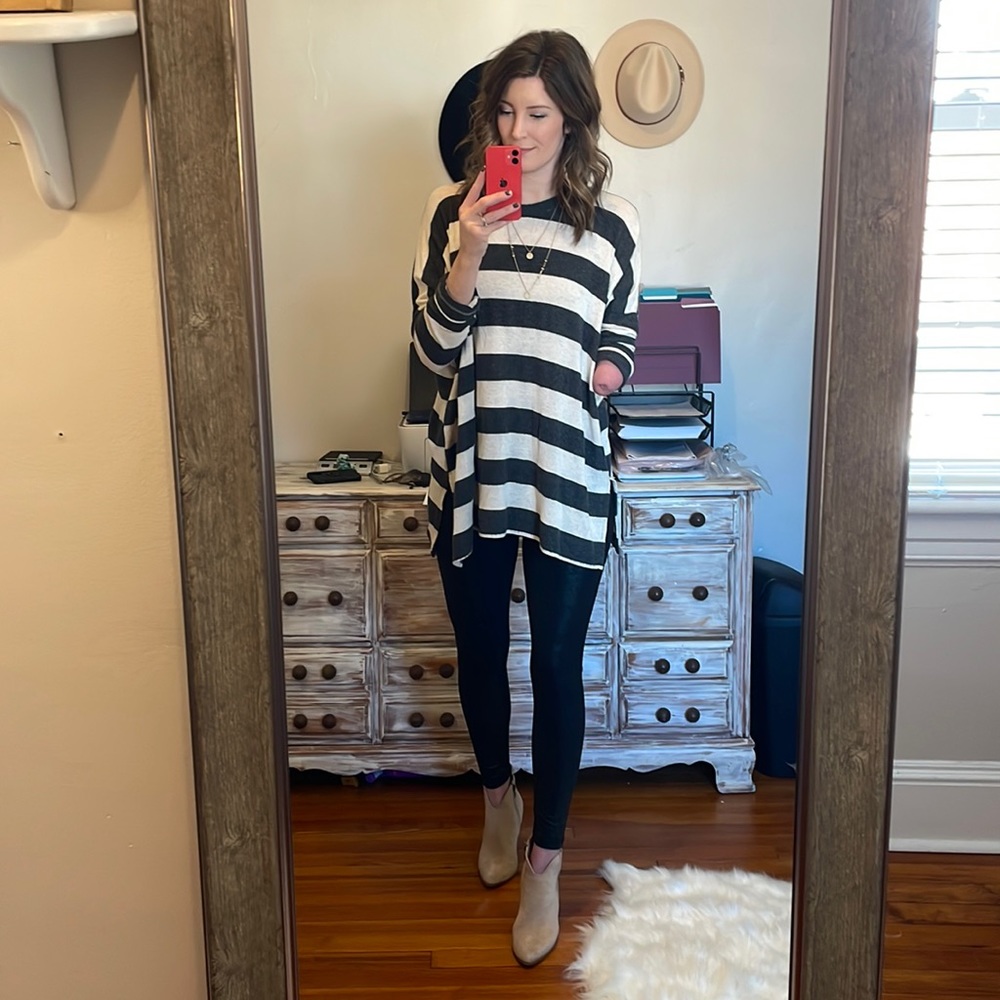 Carly Jean charcoal and cream stripe tunic top.